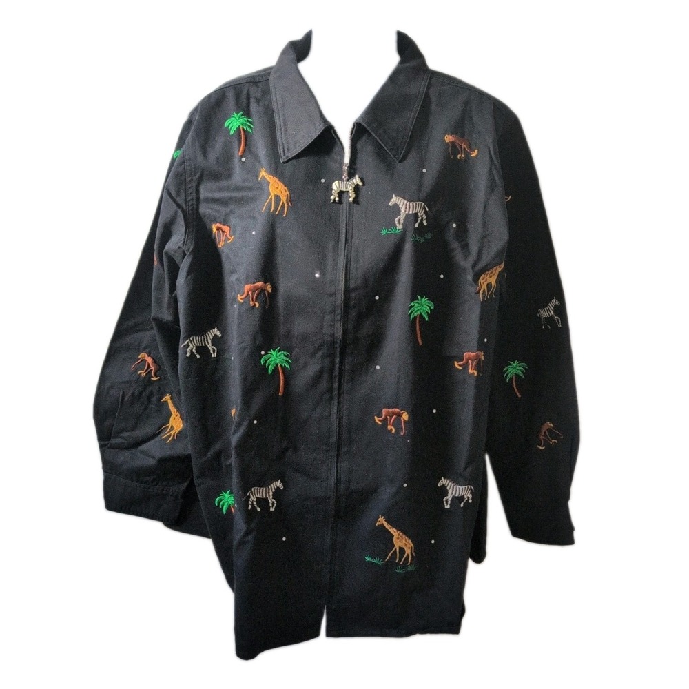 Quacker Factory Black Safari Animal Embroidered Black Zip Up Jacket 2X - New